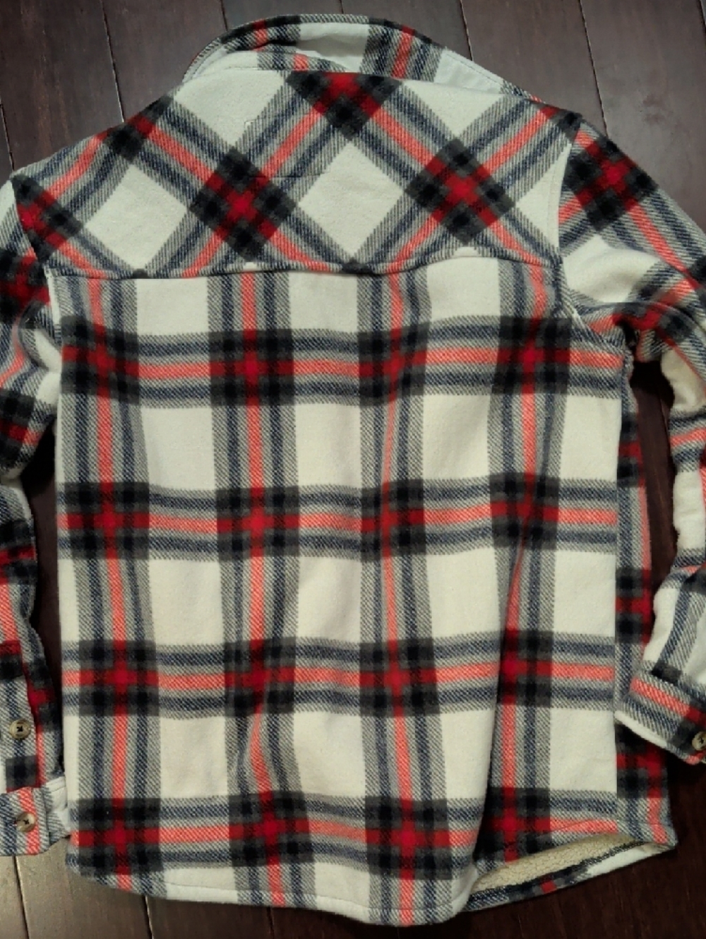 SAGE Cream Black Red Plaid Sherpa-Lined Shirt Jacket - Picture 8 of 8
